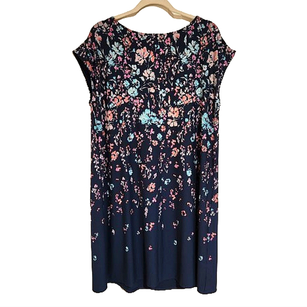 J. Jill Navy Floral Jersey Cap Sleeve Dress Large